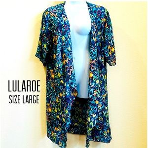 LuLaRoe women multi color geo pattern long kimono short sleeve open front Sz L